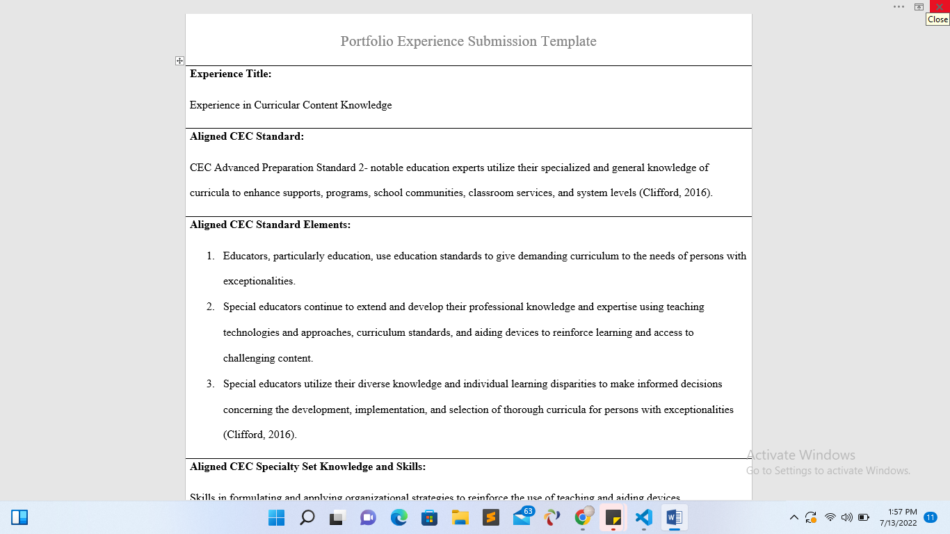 Capstone Portfolio Curricular Content Knowledge Experience Writ Task